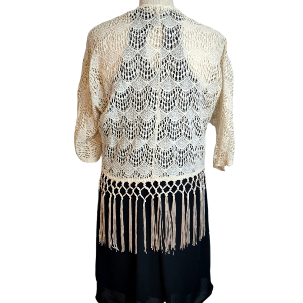 Maurice's Geometric Crochet Open Front Cardigan Fringe Kimono Women's Size S